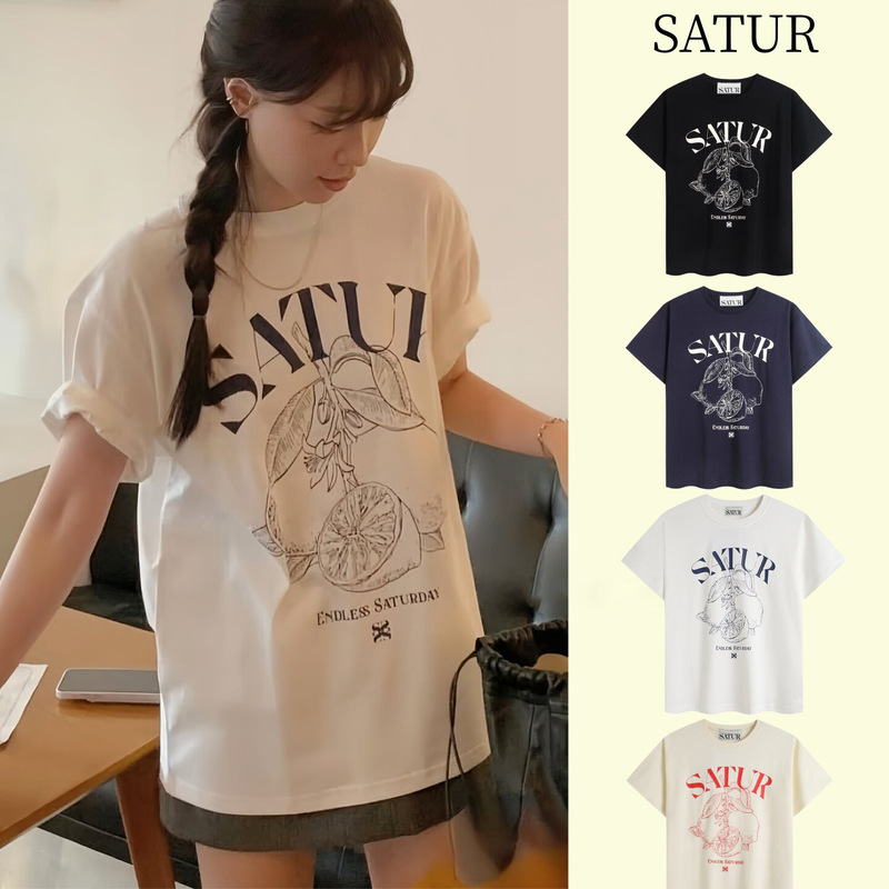 Gong Jun and Wen Guoying's Same Style Korean Niche Fashion Brand Satur Lemon Line Large Logo Short-Sleeve Loose T-Shirt