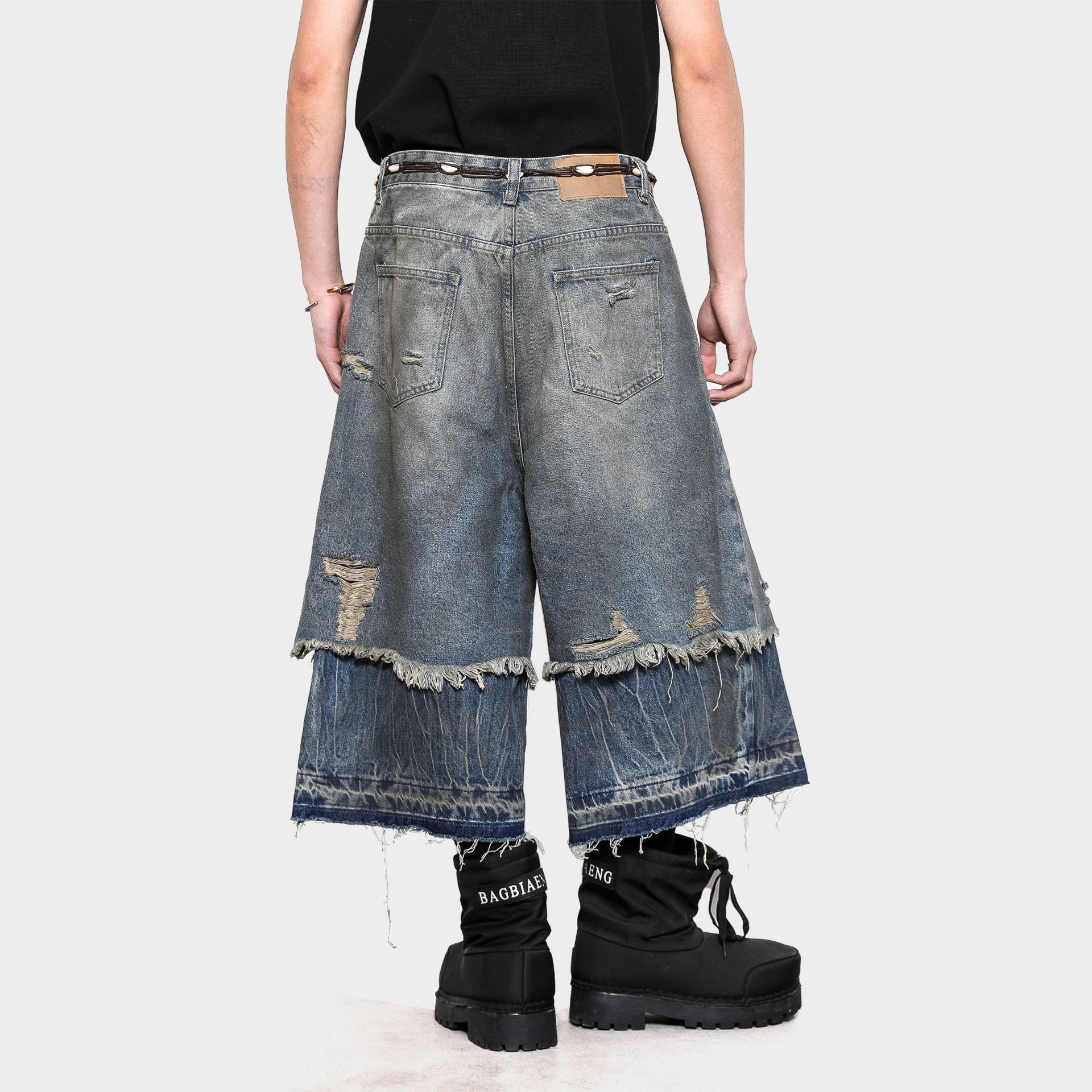 American Retro Washed Distressed Layered Fake Two-Piece Cropped Jeans Wasteland Style Distressed Splicing Casual Shorts