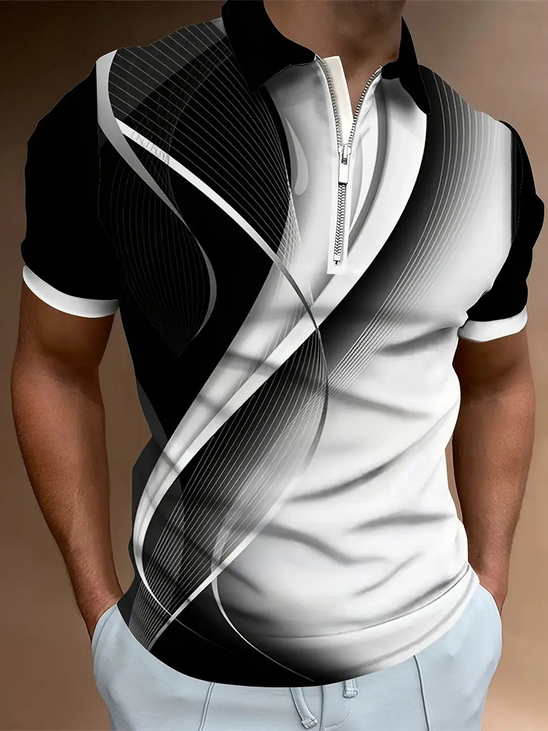 Camisa POLO con cremallera de manga corta con estampado digital 3D para hombre de verano transfronterizo de estilo deportivo y casual patrón geométrico MB13