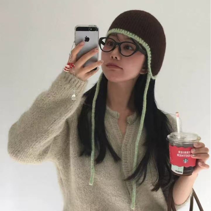 韩女搭配#秋冬简约针织拼色边护耳保暖百搭雷锋帽飞行毛线帽休闲|undefined