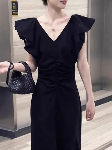 Black V-neck Child and Adult Summer Audrey Hepburn-style Slimming French Chic Long Dress
