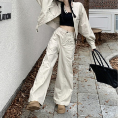 短款长袖工装外套甜酷设计感高腰阔腿长裤女秋季2025新款时尚套装