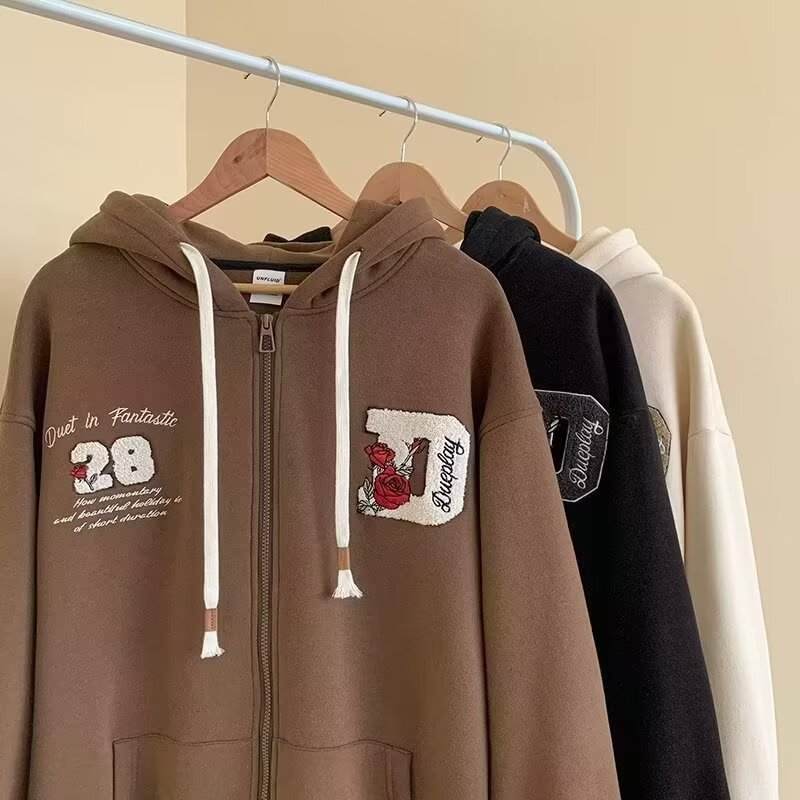 Felpa con cappuccio e cerniera retrò – Felpa unisex oversize con grafica anime (beige/marrone/nero, S-3XL)_voghion.com