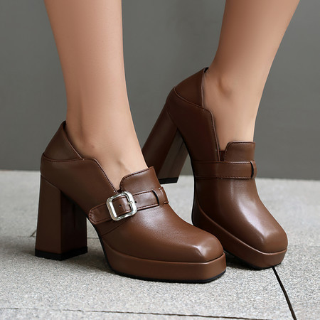 Women's High-Heeled Shoes with Round Toe and Buckle Strap, New 2026 Spring European and American Style Mary Jane Shoes, Thick-Soled, Height-Increasing for Petite Individuals