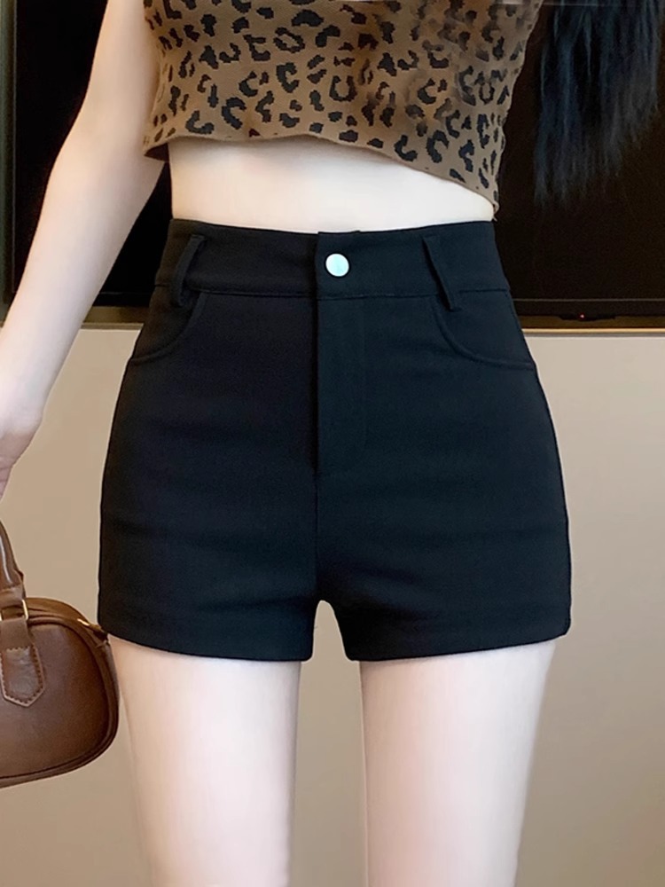 검은 세트 반바지 여성의 가을 얇은 외부 탄성 높은 허리 슬리밍 캐주얼 A 자형베이스 핫 바지