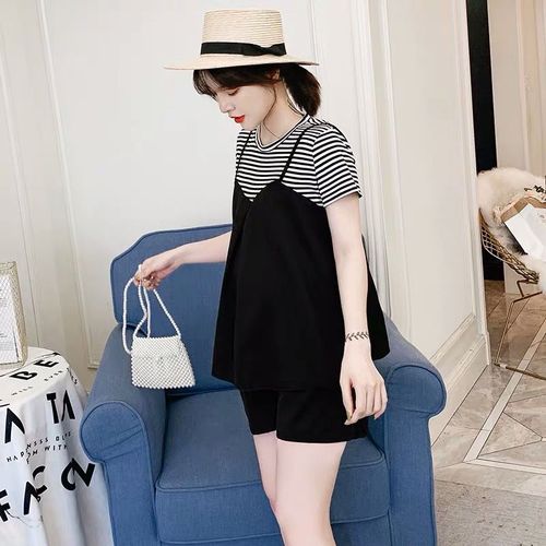 Pregnant Women's Summer Set Fashion Style Pseudo-Two-Piece Striped Patchwork Top + Shorts Outfit Two-Piece Set
