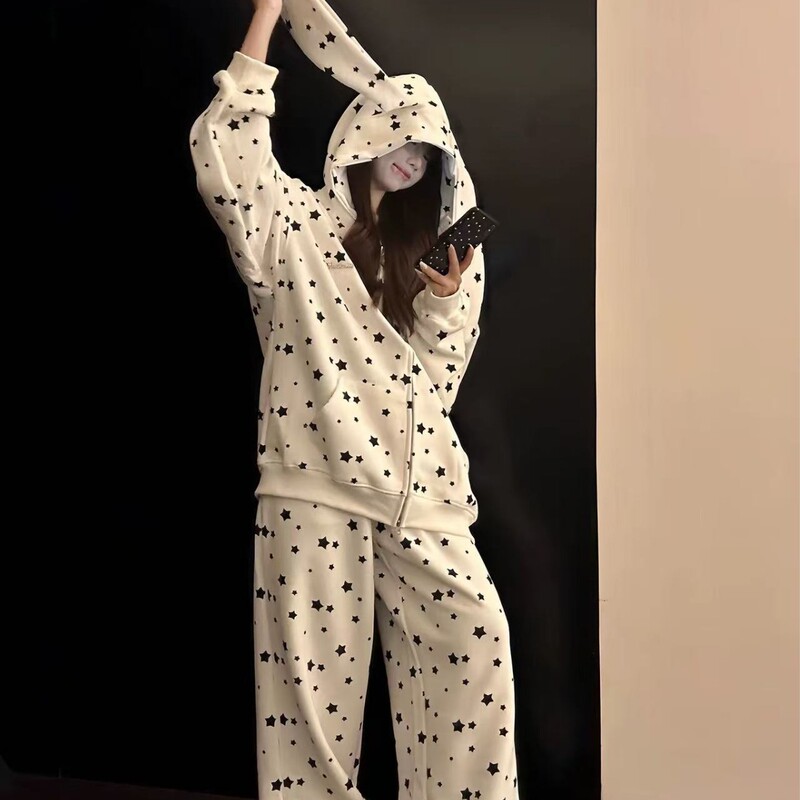 Lazy American Star-Printed Rabbit Ears Hooded Sweatshirt Pajamas for Women Autumn and Winter Two-Piece Home Wear Pants Suit Lazy American Star-Printed Rabbit Ears Hooded Sweatshirt Pajamas for Women Autumn and Winter Two-Piece Home Wear Pants Suit