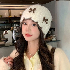 帽子女秋冬甜美百搭蝴蝶结针织毛线帽韩版大头围包头帽保暖冷帽新