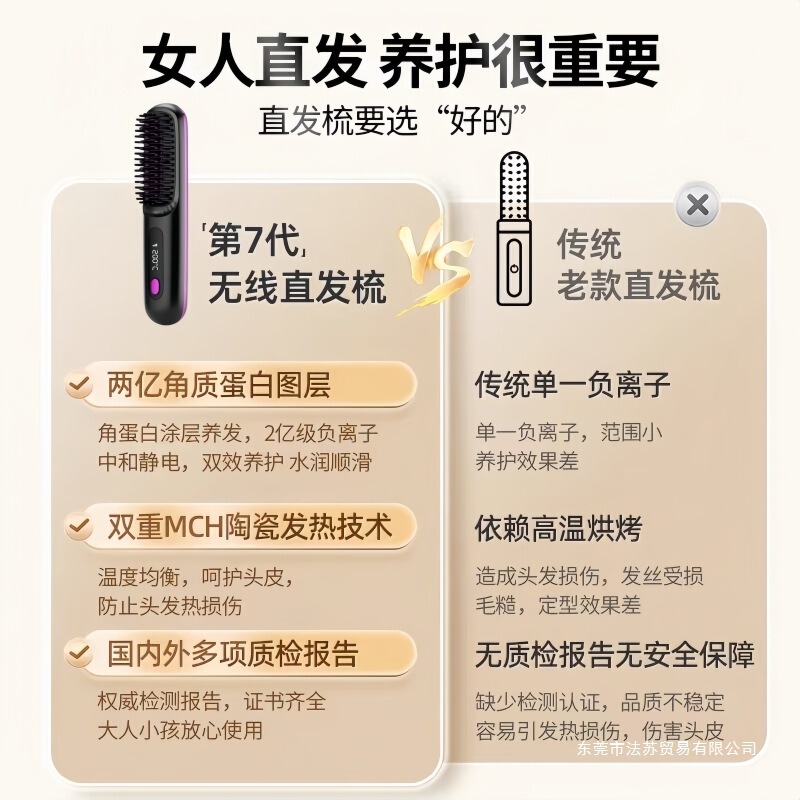 ワイヤレスヘアストレートニングコーム、マイナスイオンで髪を傷めない、ポータブルヘアアイロン、電気コーム、高頭頂ふわふわヘアストレートニングアーティファクト|undefined