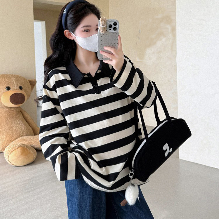 孕妇T恤上衣秋装外穿衣服2025新款宽松大码孕妇装长袖条纹卫衣秋|undefined