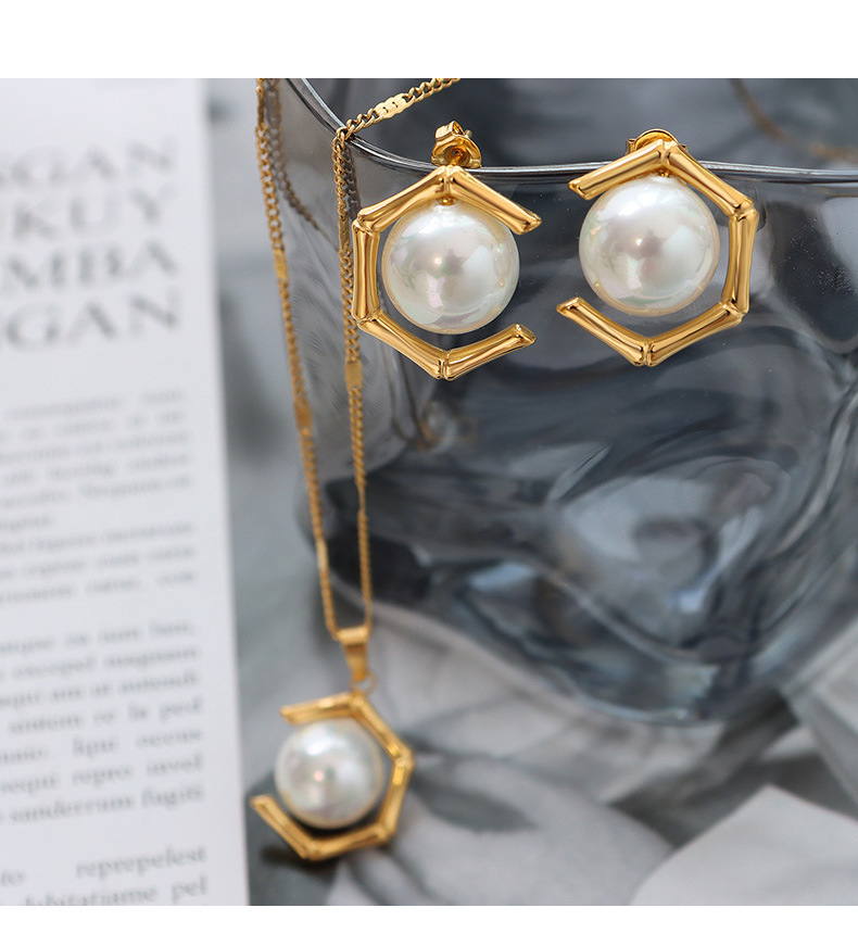 Retro Geometric Titanium Steel Plating Pearl Earrings Necklace