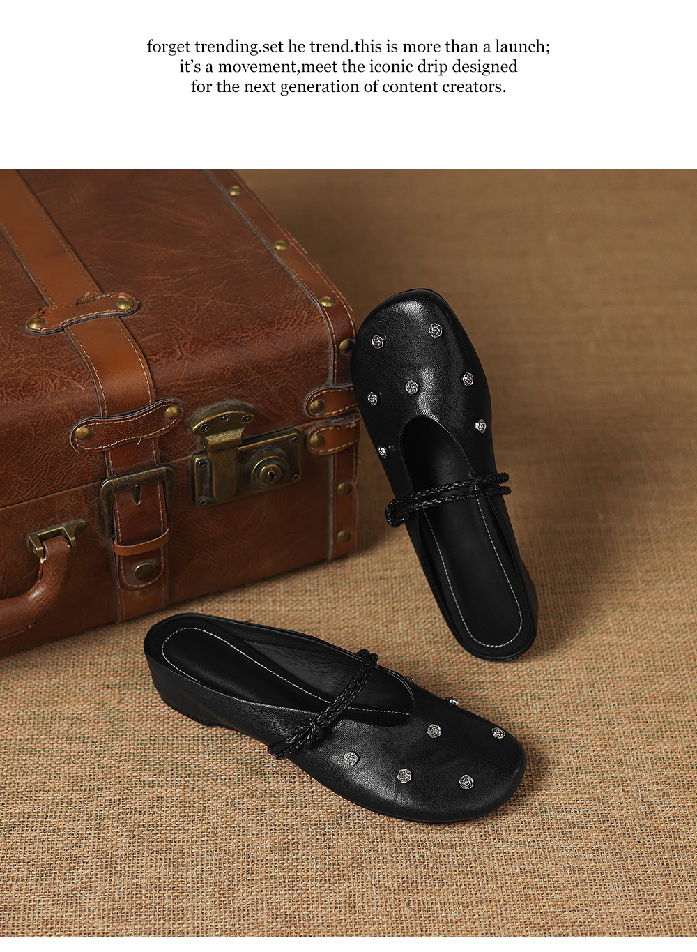 Sandal nữ mũi bít da dê quai ngang gót thấp — đen chi tiết 18