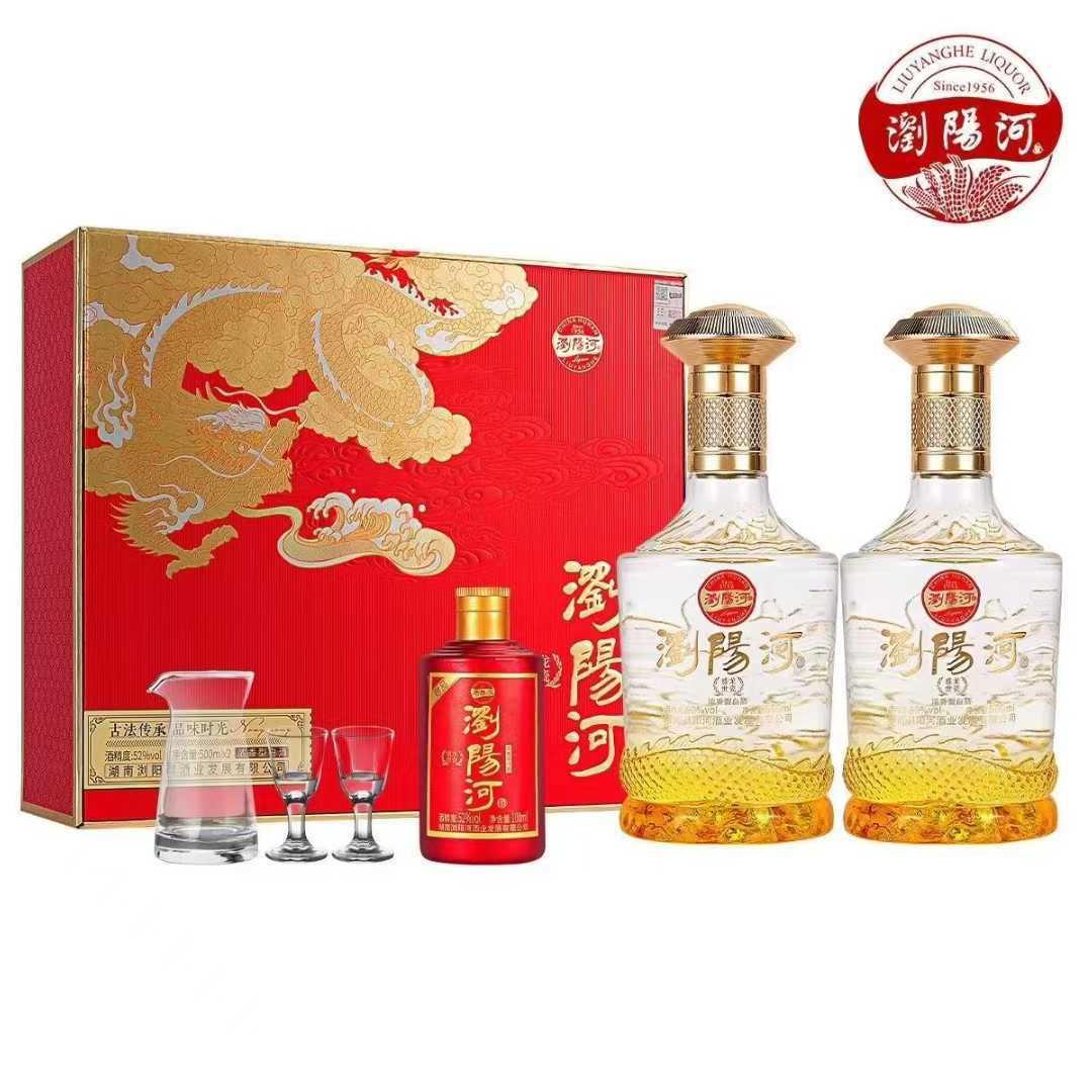 浏阳河酒龙瓷盛世52度浓香型白酒500ml*2*3+100ml礼盒装送酒具