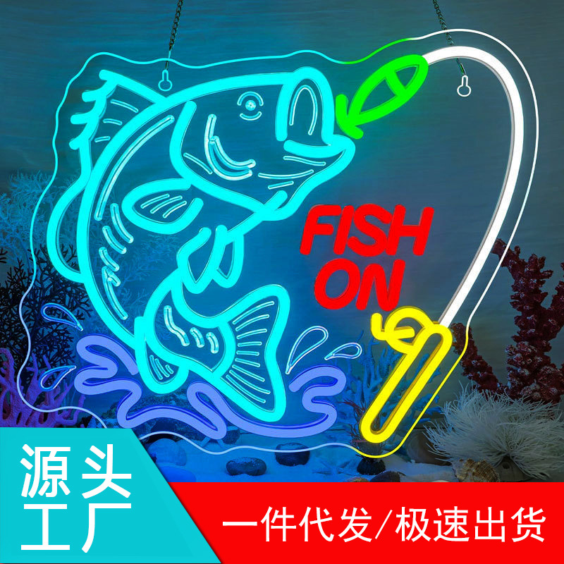 Neon fish-shaped light, dimmable, suitable for wall decoration, LED USB powered, fishhook light sign.