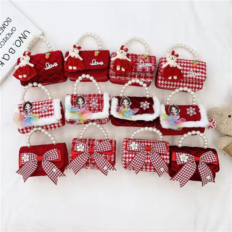 Año nuevo rojo Chanel estilo de los niños perla bolso del bebé lindo arco cadena niñas monedero