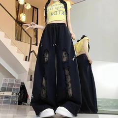 黑色破洞牛仔裤女2025夏季新款高腰显瘦直筒阔腿休闲爵士跳舞裤子