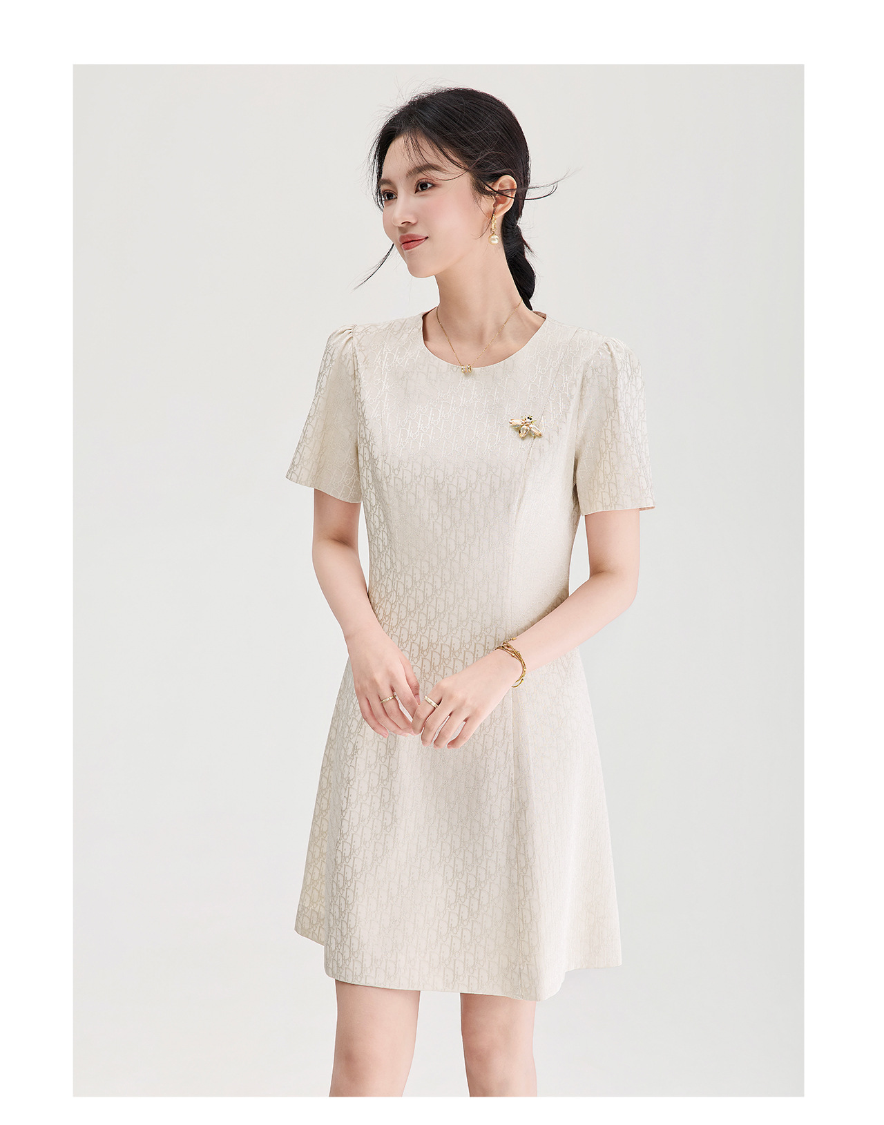Đầm ngắn tay thắt eo jacquard kiểu dáng thanh lịch mùa hè — màu hồng chi tiết 16