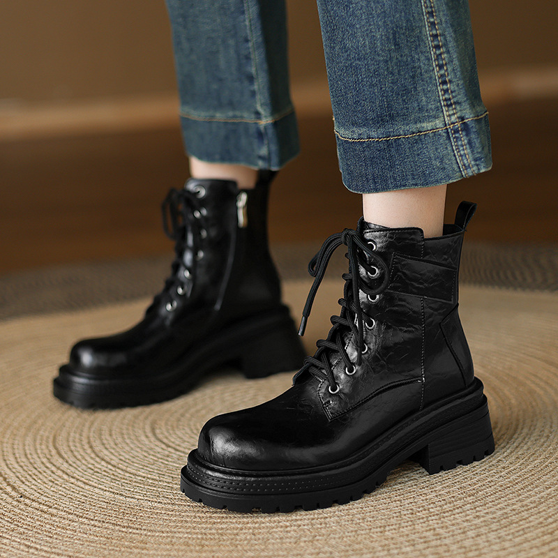 Boot Martin nữ gót dày buộc dây đế tăng chiều cao phong cách Maillard thu đông 2025 — Lớp lót nhung đen, Nhung nâu, Lớp lót đơn màu đen, Lớp lót đơn màu nâu