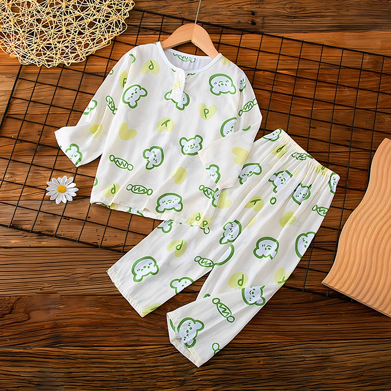 Summer children's long-sleeve for boys, pijama, thin set, for teenagers, family style