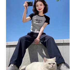 夏季休闲套装女印花收腰短袖T恤高腰显瘦冰丝速干阔腿裤子两件套