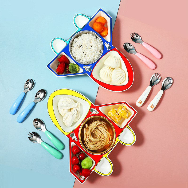 Children's Plane Dinner Plate 304 Stainless Steel Spoon Fork Baby's Combinations Supplementary Dinner Plate Removable and Washable Dishes Tableware Set