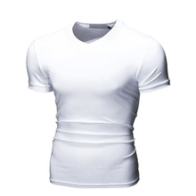 跨境爆款男士V领修身牛奶丝短袖T恤印制logo热销男装man t-shirt