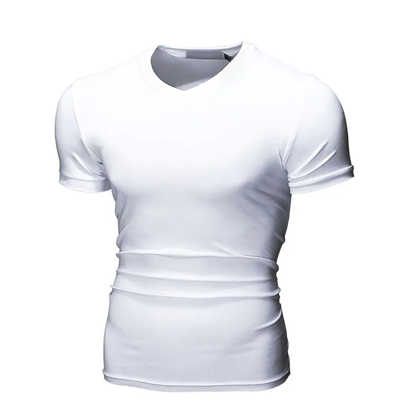 跨境爆款男士V领修身牛奶丝短袖T恤印制logo热销男装man t-shirt