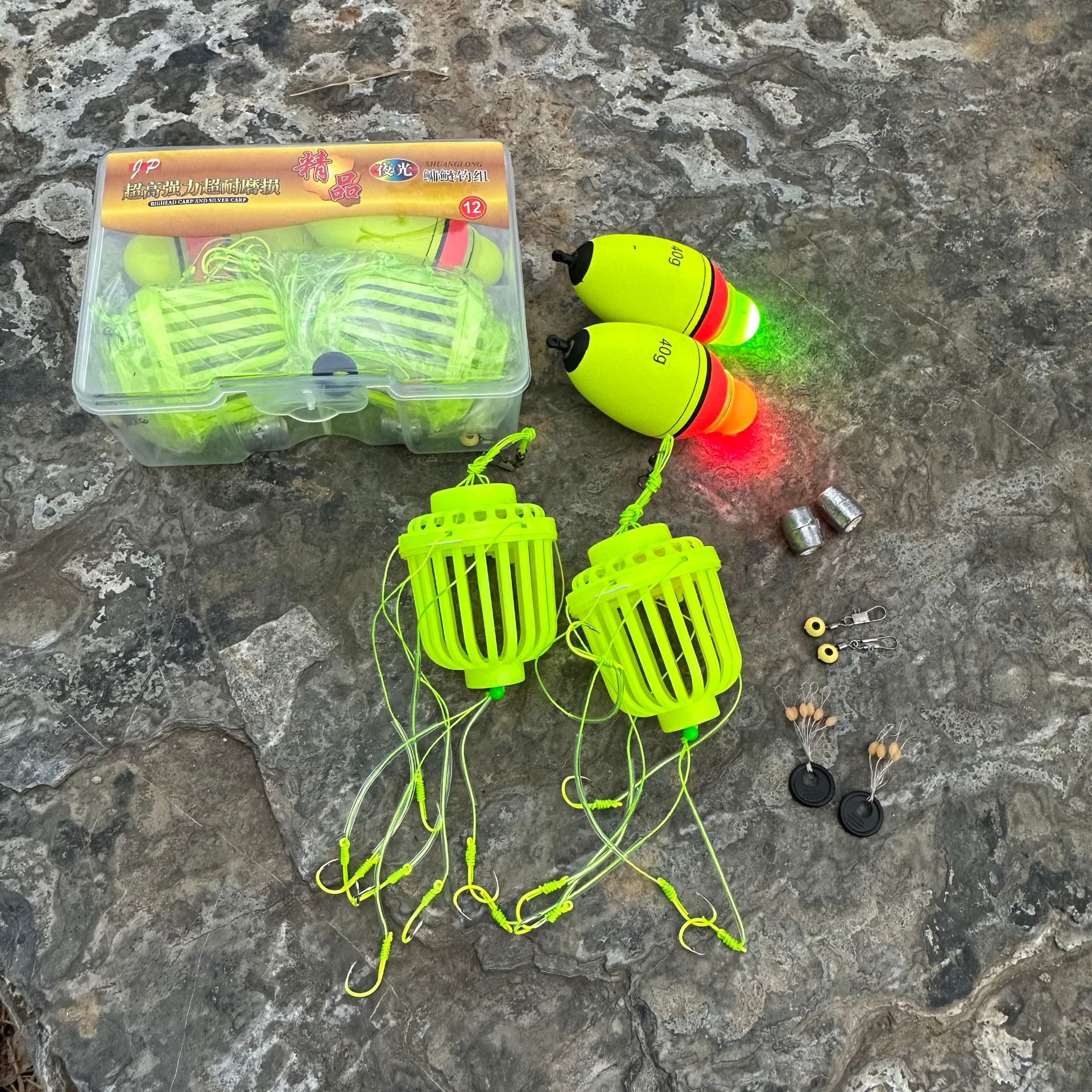 夜光漂鲢鳙钓组盒装两套管付不易缠绕水怪鹰爪爆炸钩夜光鲢鳙漂