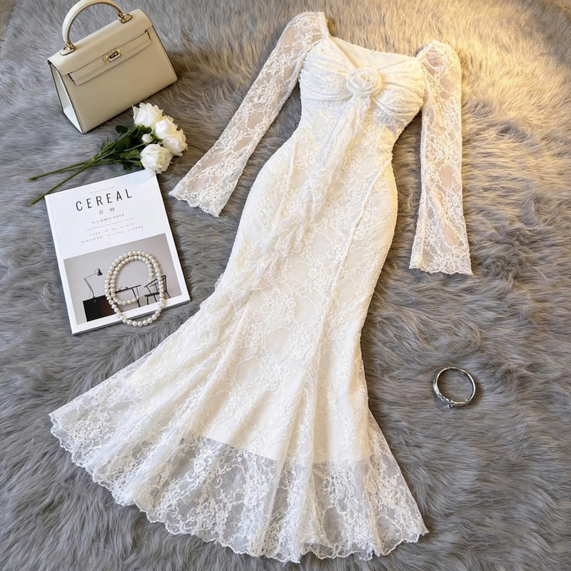 French-Style Three-Dimensional Floral Ribbon Long-Sleeve Gown Dress for Women 2026 Pure Desire Lace Waist-Slimming Mermaid Long Dress French-Style Three-Dimensional Floral Ribbon Long-Sleeve Gown Dress for Women 2026 Pure Desire Lace Waist-Slimming Mermaid Long Dress