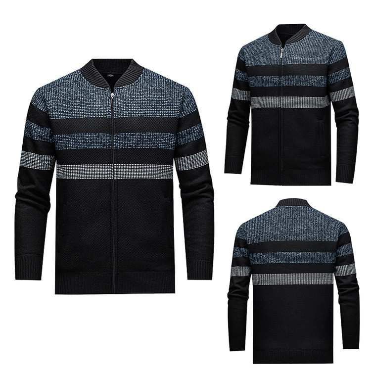 Hombres nueva camiseta de punto transfronteriza de Amazon estriada zipper casual camiseta de tendencia de manga larga suéter de comercio exterior