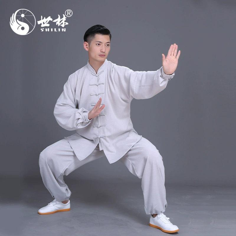 2025 Новый серый костюм для тай-чи из хлопка и льна, спортивная одежда на открытом воздухе, костюм для выступлений, тренировочный костюм для боевых искусств, весна и осень