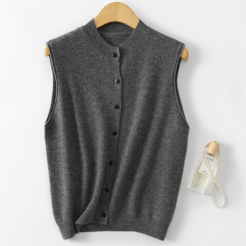 Super Soft to the Touch ~ Pure Wool Round-Neck Knitted Vest Cardigan, Thickened for Autumn and Winter, Solid Color Sleeveless Layered Vest Top