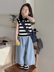 男女童翻領無袖上衣牛仔褲兩件套條紋polo衫闊腿褲套裝0091A002