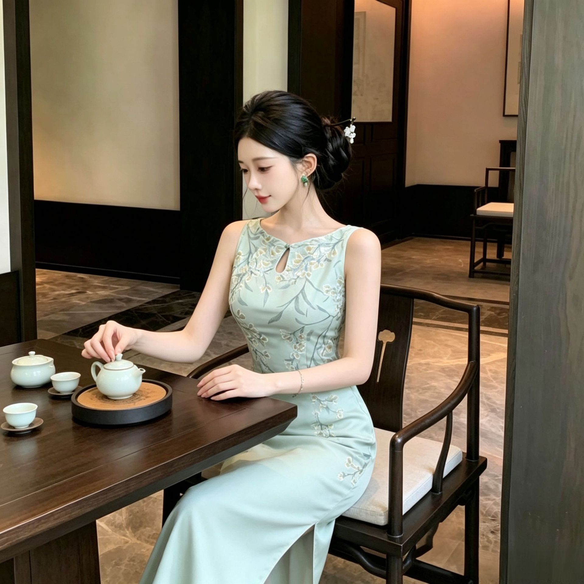 9577 # Handmade Floral Vine Embroidery, Heavy-Duty Craftsmanship, Waist-Cinching, Slimming, Gentle and Elegant Dress