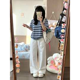 夏季美式炸街短袖运动服两件套女撞色条纹上衣长裤休闲装显瘦套装