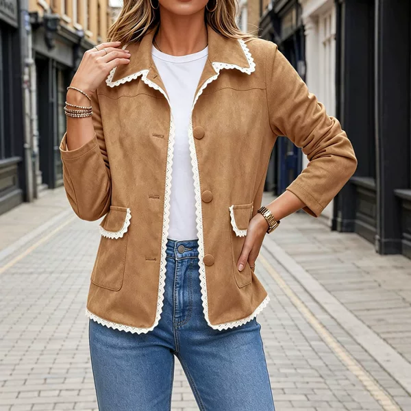 2026 European and American foreign trade Amazon autumn and winter suede lace jacket retro turn-down collar button pocket solid color