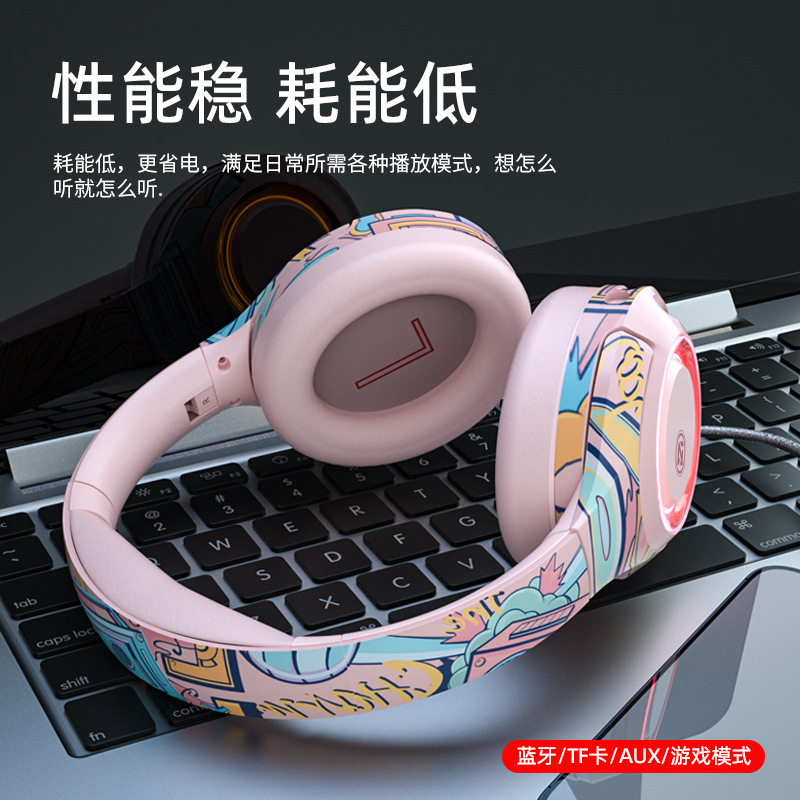Chinese-Style Private Model Head-Mounted Wireless Bluetooth Headphones with Graffiti Design for Gaming, Featuring a Microphone and Low Latency, with an E-Sports Style