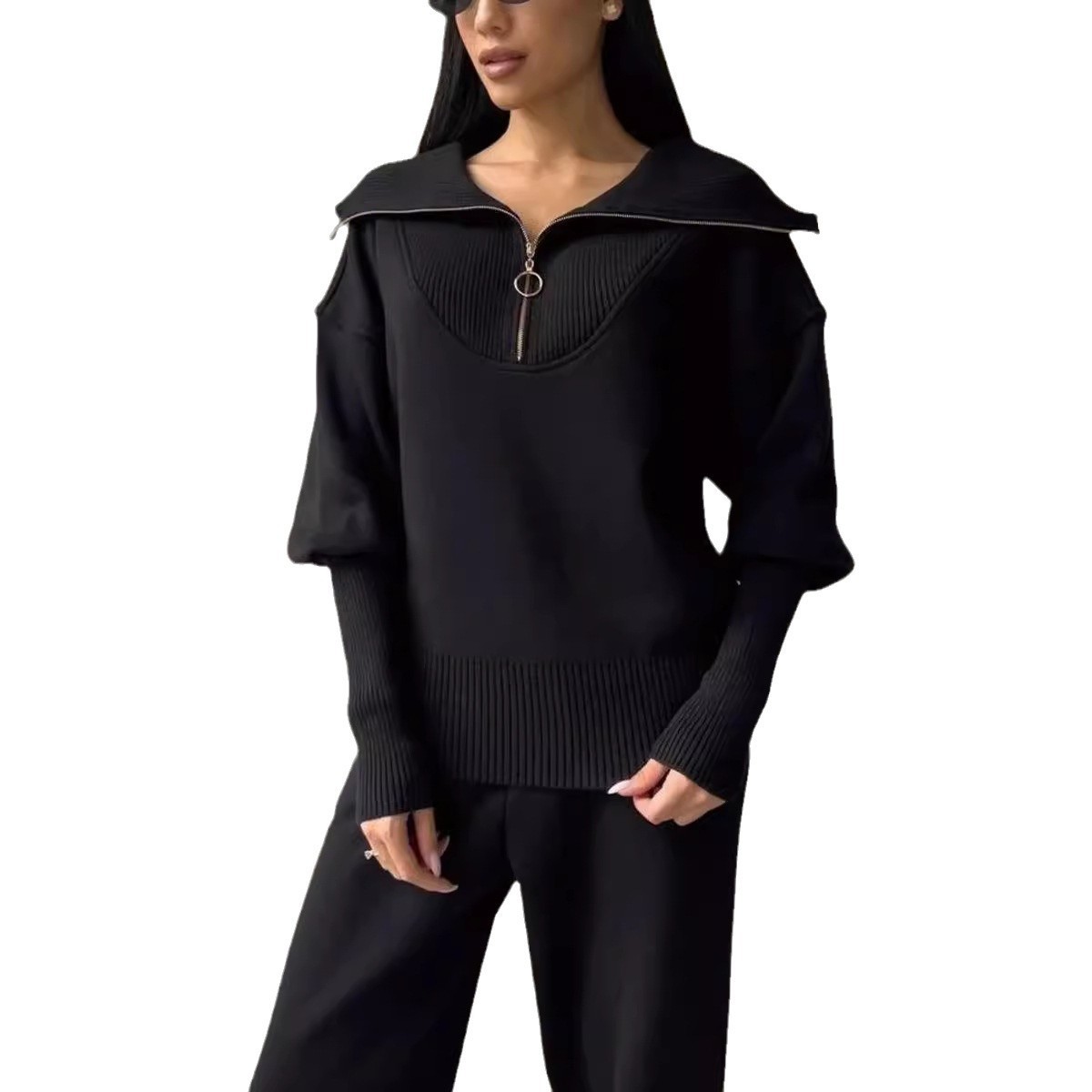 Women's Clothing 2024 independent station new styles_Autumn and winter temperament leisure solid color zipper sweater two piece suit_voghion.com