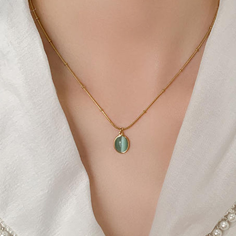 1 Piece Quantity Wholesale Jewelry Casual Simple Style Oval Titanium Steel Cat's Eye Stone Plating Inlay Pendant Necklace