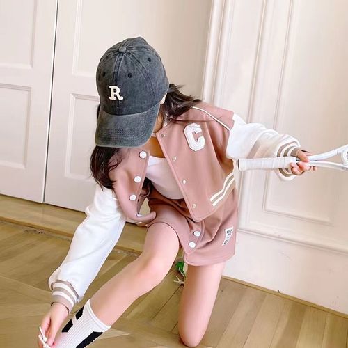 Girls Korean Spring and Autumn Suit  Autumn Big Children Fashion New Button Baseball Uniform Short Skirt Two-piece Set