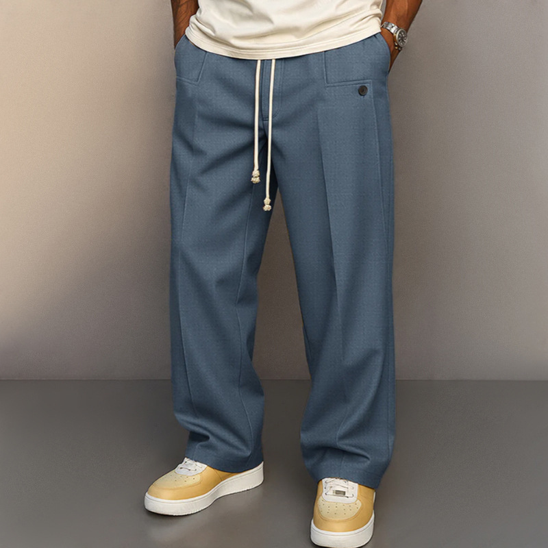 European and American Cross-Border 2026 Amazon Men's Solid Color Buttoned Comfortable Daily Straight-Leg Urban Style Drawstring Casual Pants