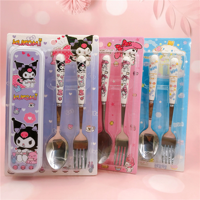 Cartoon cutlery set Kurumi Little White Dog 304 stainless steel + ceramic spoon fork cutlery box set