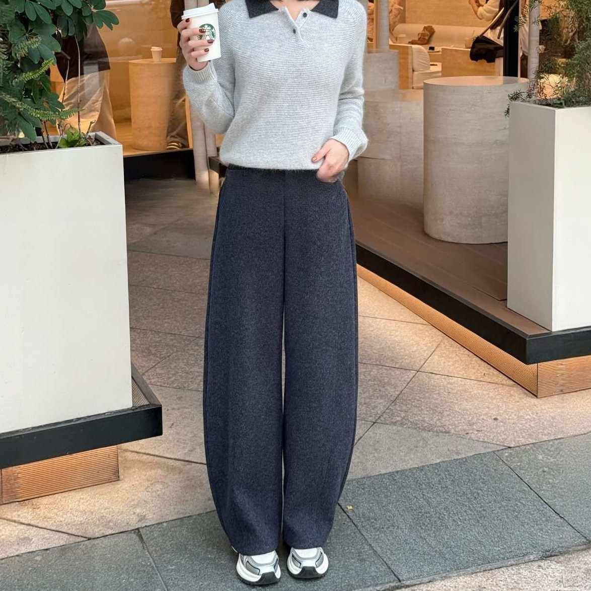 冬季重磅雾面霜感羊毛加厚弯刀裤高腰香蕉裤休闲裤工厂直发