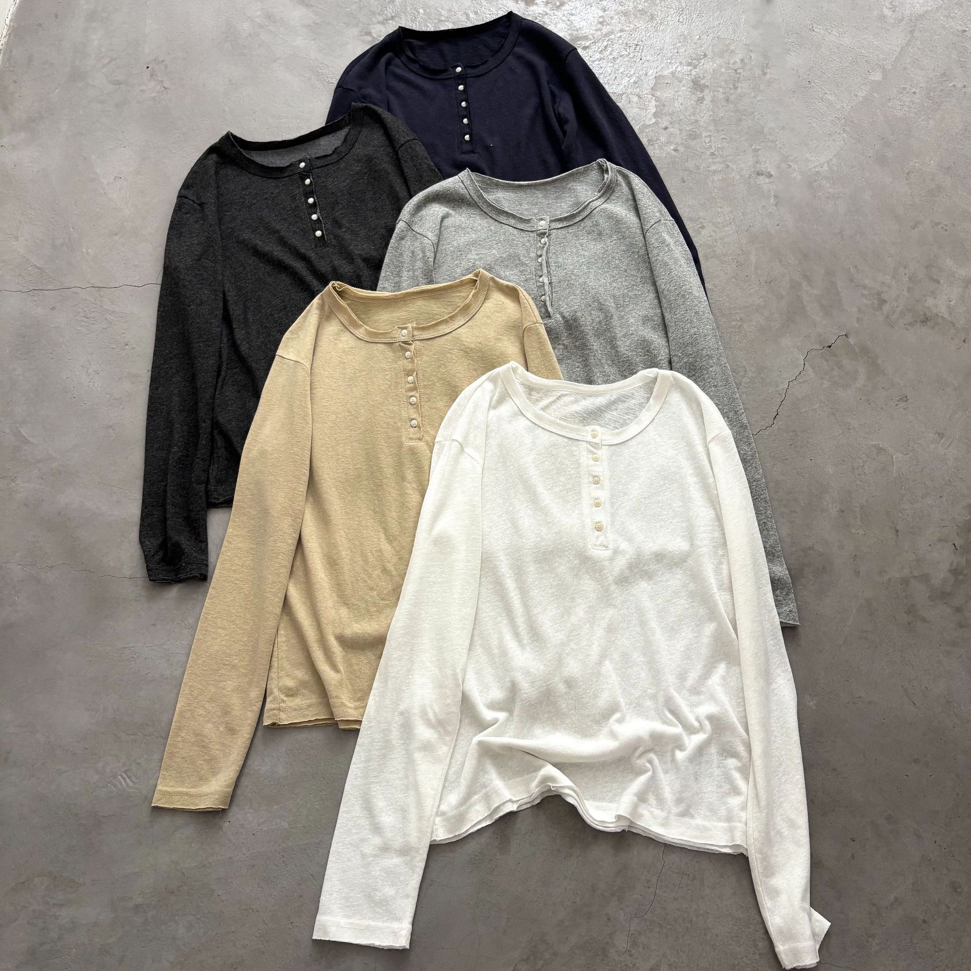 Early Autumn Basic Henley Collar Linen Cotton Long-Sleeve T-Shirt, Solid Color, Thin, Soft, Breathable, Versatile, Layering, Base Layer Top