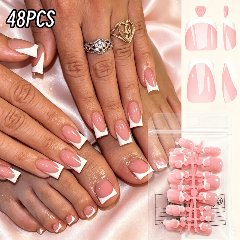 Cross-border 48-piece French white edge short detachable high-end simple false nail tips for fingernails and toenails