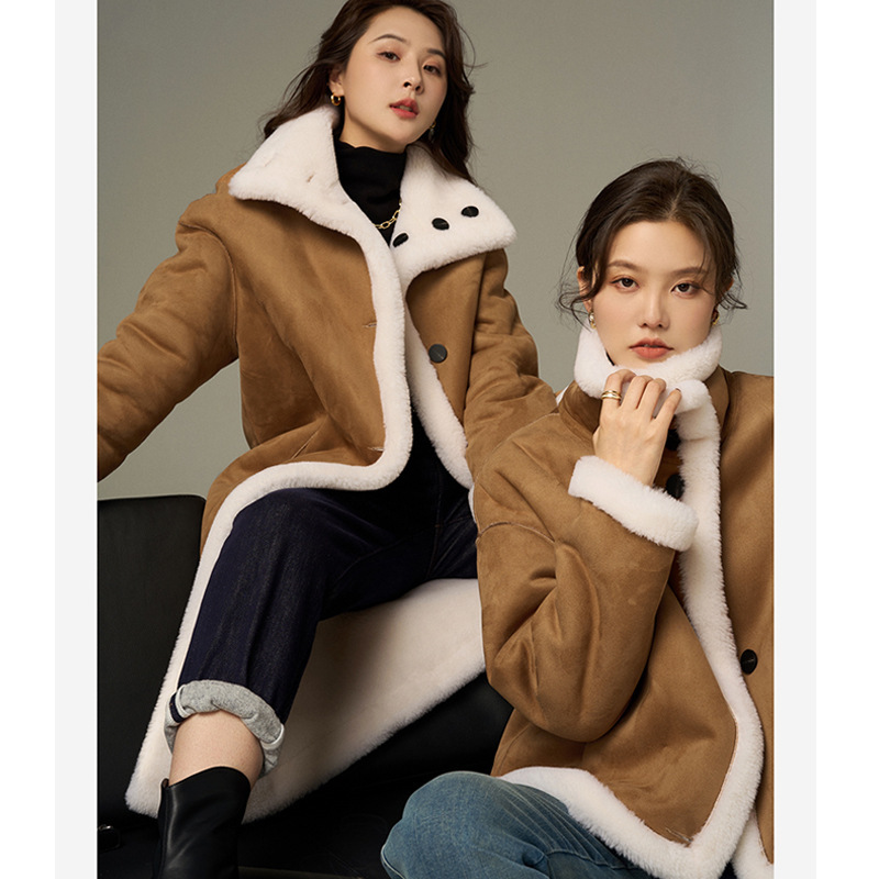 Maillard Winter Double-Face Full Lamb Wool Sheep Coat Women's Suede Contrast Color Fur One-Piece Fur Coat