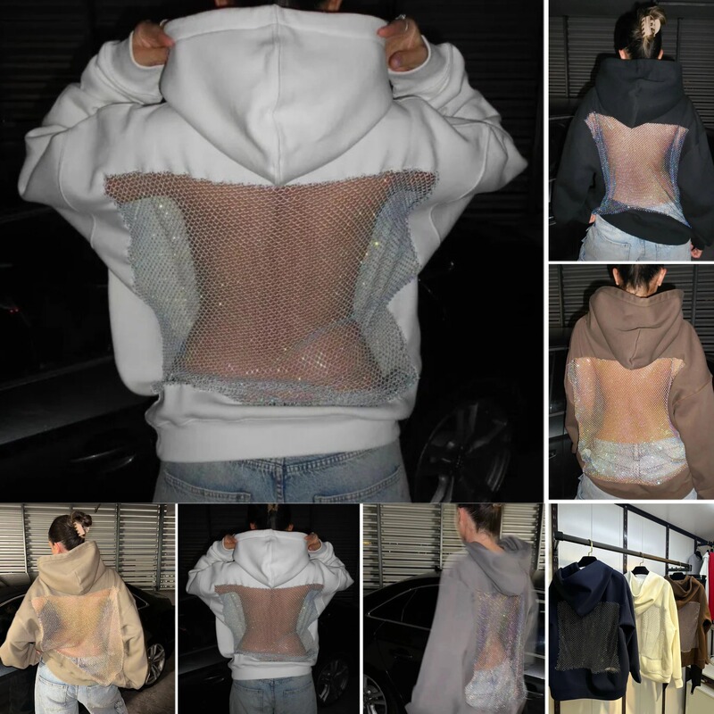 2025 Export Women's Hooded Sweatshirt Casual Long-Sleeved Pullover Top American Cut Out Mesh Long-Sleeved Sweatshirt for Women
