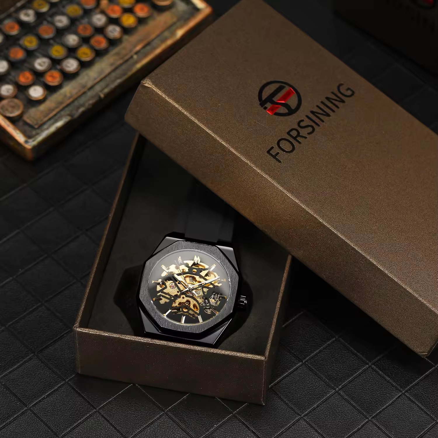 Men's Mechanical Skeleton Watch Silver Automatic Rubber Strap_voghion.com