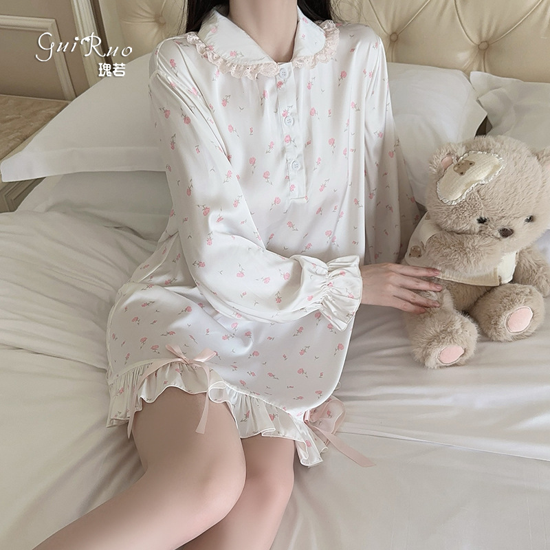 瑰若夏季开襟纽扣清纯可爱娃娃领缎面碎花睡裙女家居服套装XK5637|undefined