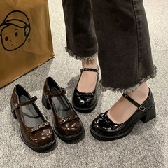 粗跟复古玛丽珍鞋女2025秋新款蝴蝶结日系jk百搭棕色一字扣小皮鞋